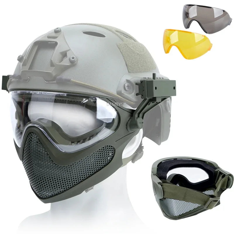 Tactical Full Face Mask Paintball Airsoft Shooting Steel Mesh Protection Hunting Head Wear Breathable with 3 Lens