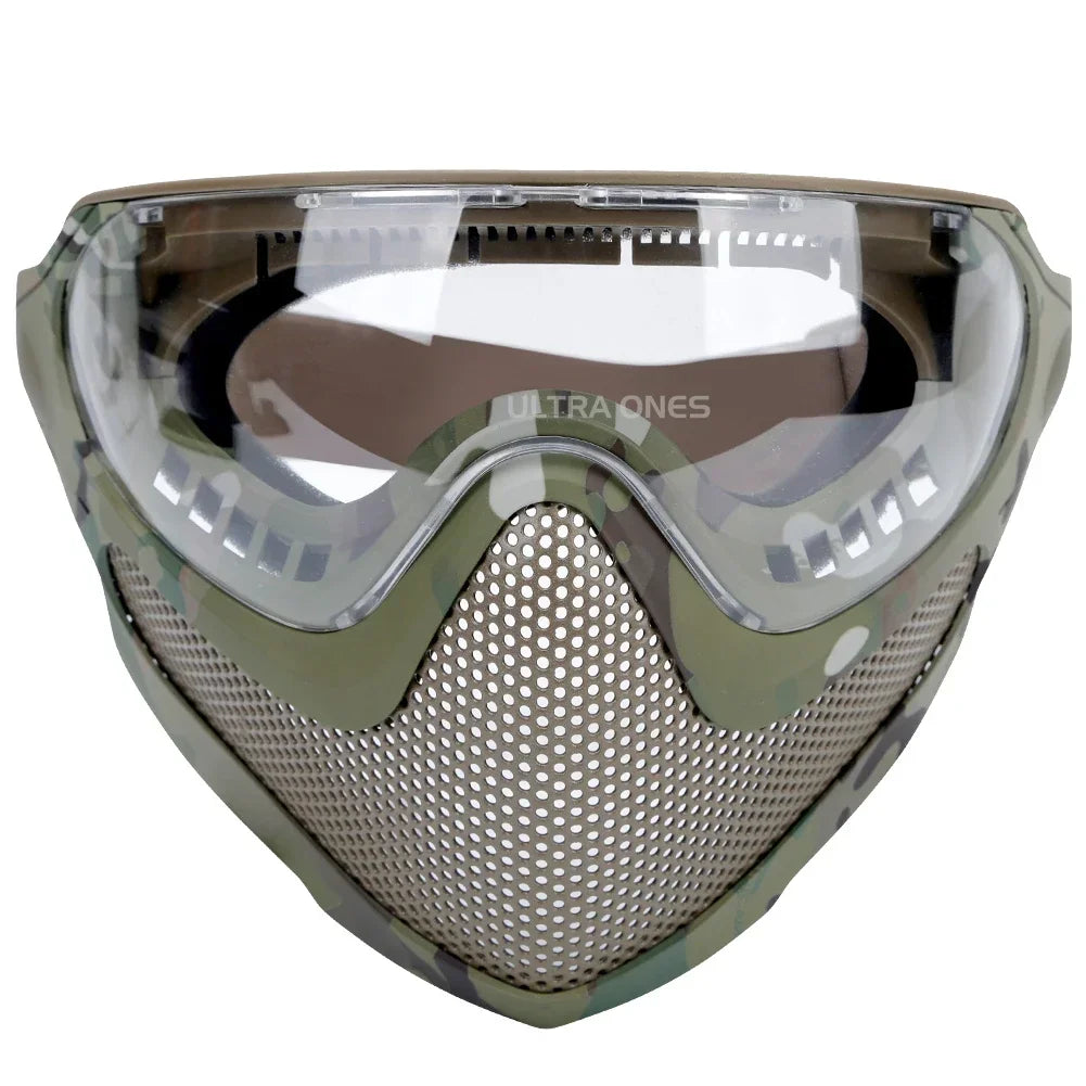 Tactical Full Face Mask Paintball Airsoft Shooting Steel Mesh Protection Hunting Head Wear Breathable with 3 Lens