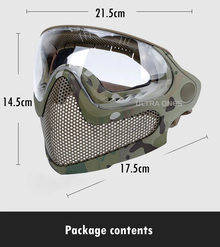 Tactical Full Face Mask Paintball Airsoft Shooting Steel Mesh Protection Hunting Head Wear Breathable with 3 Lens