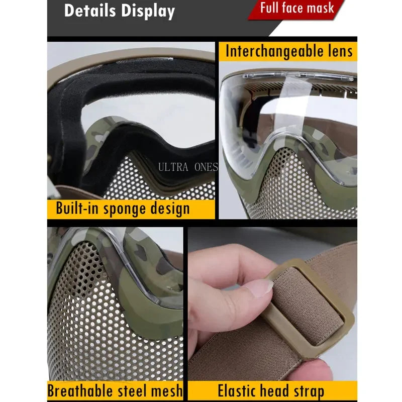 Tactical Full Face Mask Paintball Airsoft Shooting Steel Mesh Protection Hunting Head Wear Breathable with 3 Lens