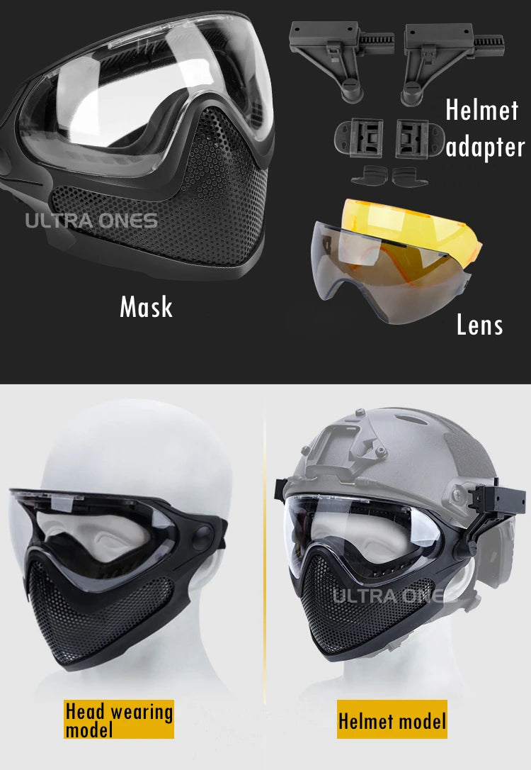 Tactical Full Face Mask Paintball Airsoft Shooting Steel Mesh Protection Hunting Head Wear Breathable with 3 Lens