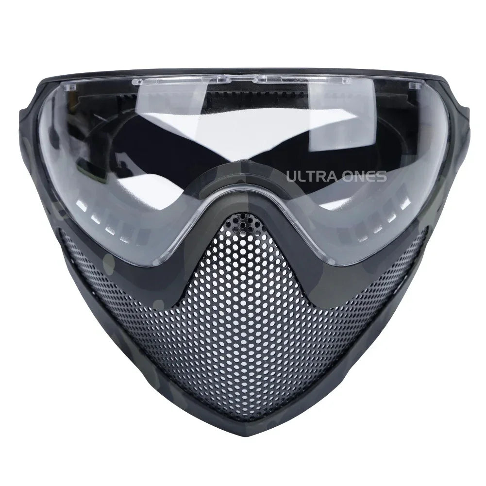Tactical Full Face Mask Paintball Airsoft Shooting Steel Mesh Protection Hunting Head Wear Breathable with 3 Lens