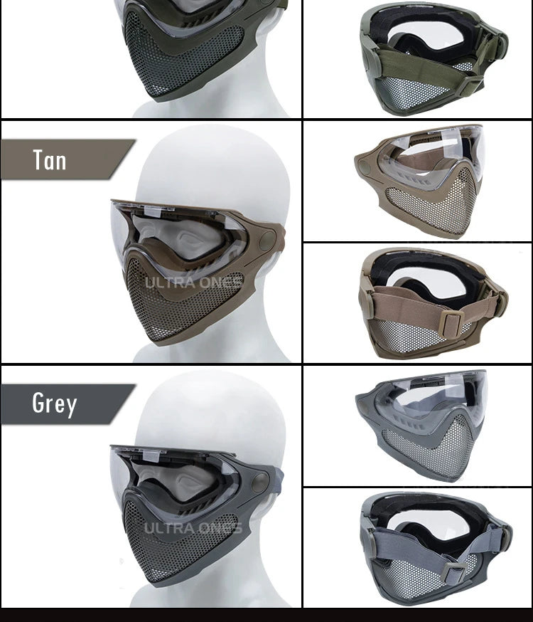 Tactical Full Face Mask Paintball Airsoft Shooting Steel Mesh Protection Hunting Head Wear Breathable with 3 Lens