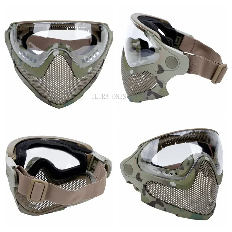 Tactical Full Face Mask Paintball Airsoft Shooting Steel Mesh Protection Hunting Head Wear Breathable with 3 Lens