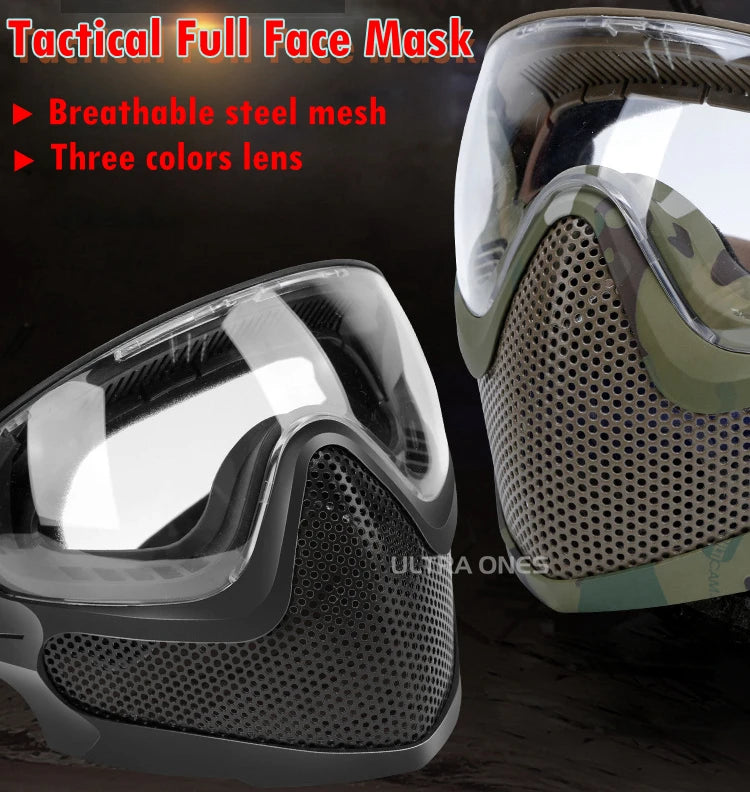 Tactical Full Face Mask Paintball Airsoft Shooting Steel Mesh Protection Hunting Head Wear Breathable with 3 Lens