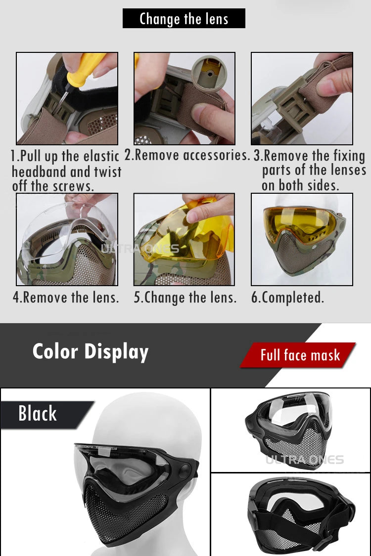 Tactical Full Face Mask Paintball Airsoft Shooting Steel Mesh Protection Hunting Head Wear Breathable with 3 Lens