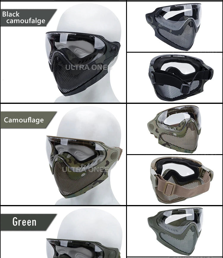 Tactical Full Face Mask Paintball Airsoft Shooting Steel Mesh Protection Hunting Head Wear Breathable with 3 Lens