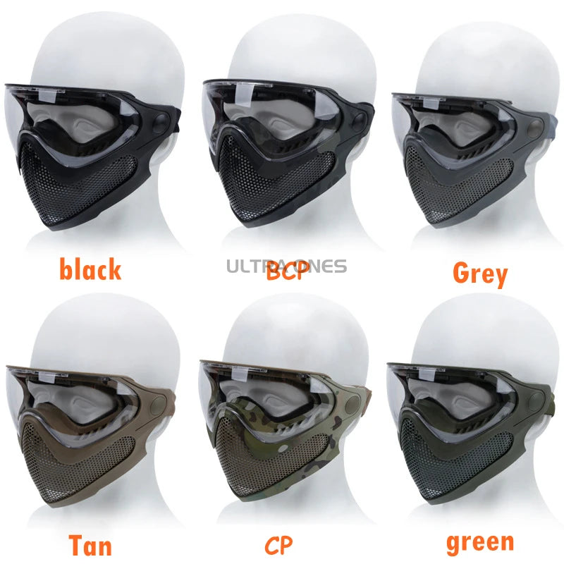 Tactical Full Face Mask Paintball Airsoft Shooting Steel Mesh Protection Hunting Head Wear Breathable with 3 Lens