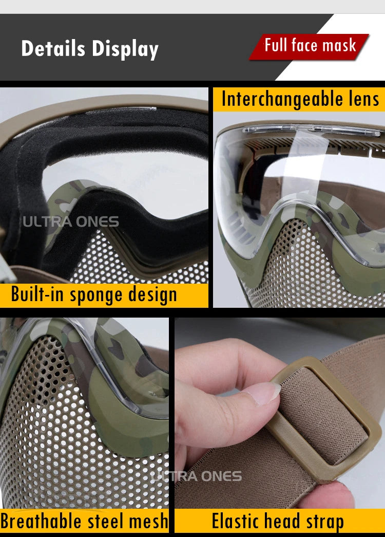 Tactical Full Face Mask Paintball Airsoft Shooting Steel Mesh Protection Hunting Head Wear Breathable with 3 Lens