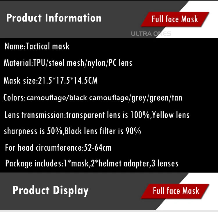 Tactical Full Face Mask Paintball Airsoft Shooting Steel Mesh Protection Hunting Head Wear Breathable with 3 Lens